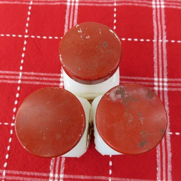 Griffiths Milk Glass Spice Jars Set of 10 Red Lids Some Labels - Picture 7 of 10